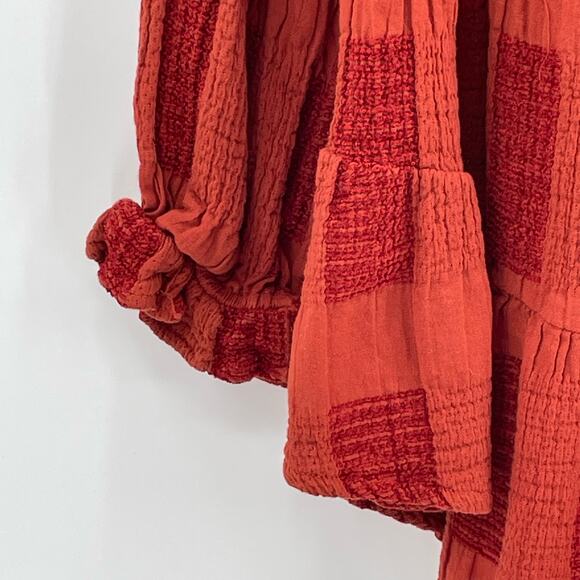 Umgee USA Women's Babydoll Blouse, Brick & Rust Colors, Patchwork, Sz. S - Picture 4 of 10